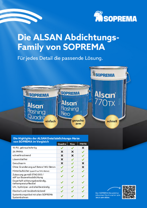 Flyer "Die ALSAN Abdichtungs-Family von SOPREMA – für jedes Detail die passende Lösung"